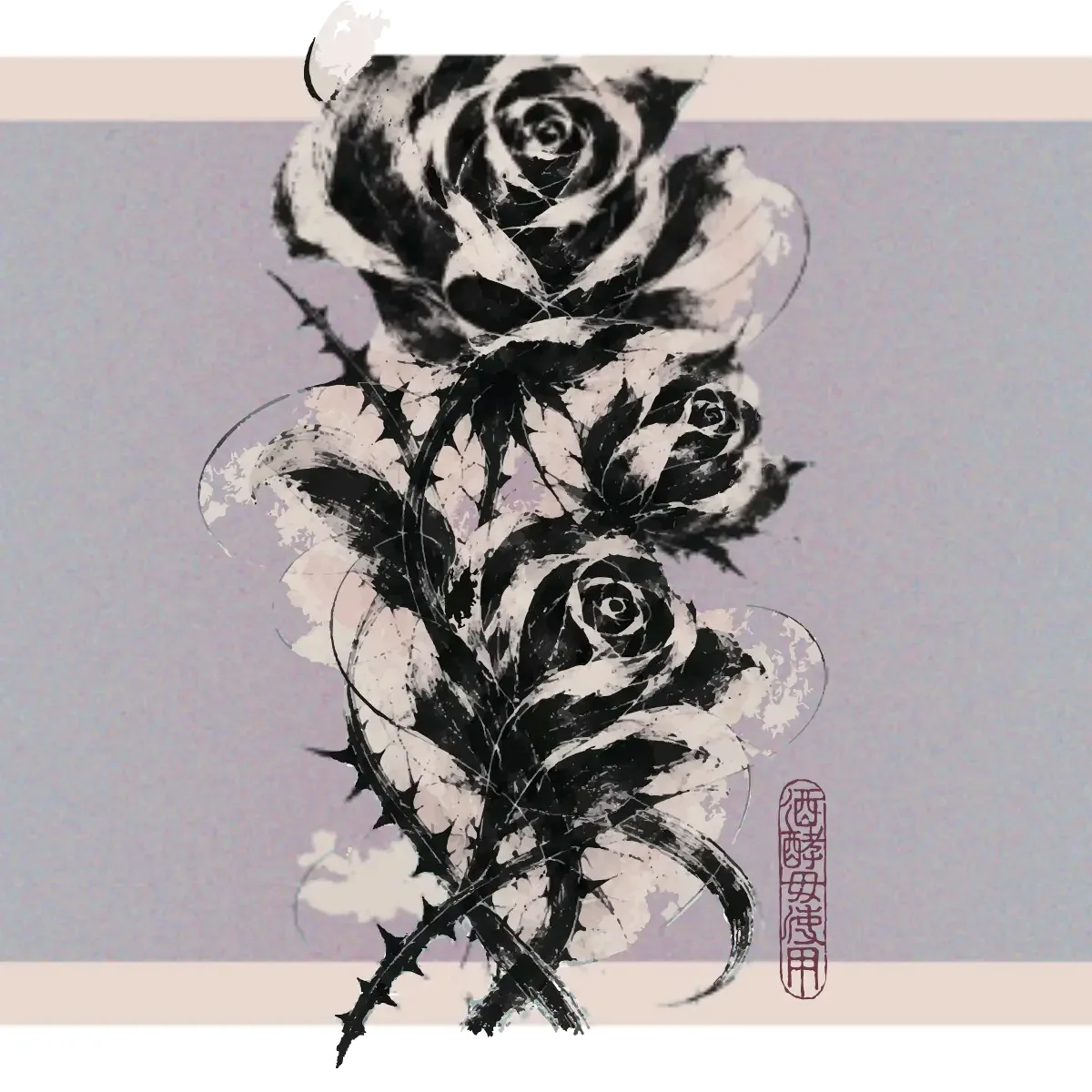 Obra de la etiqueta Night Rosé: rosas pintadas en tinta negra con un sello japonés, sobre un fondo lavanda