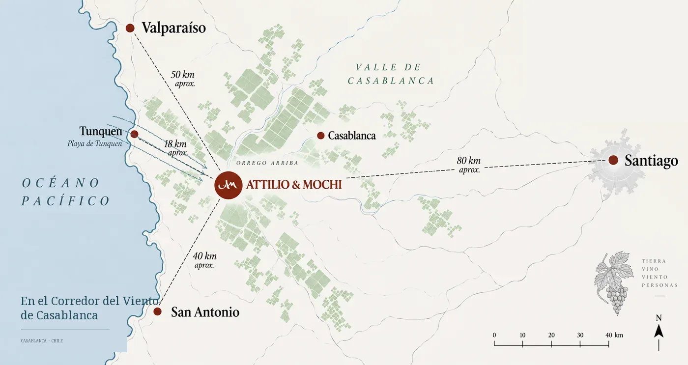 Mapa del Valle de Casablanca entre Santiago y Valparaíso, con la ubicación de Attilio & Mochi